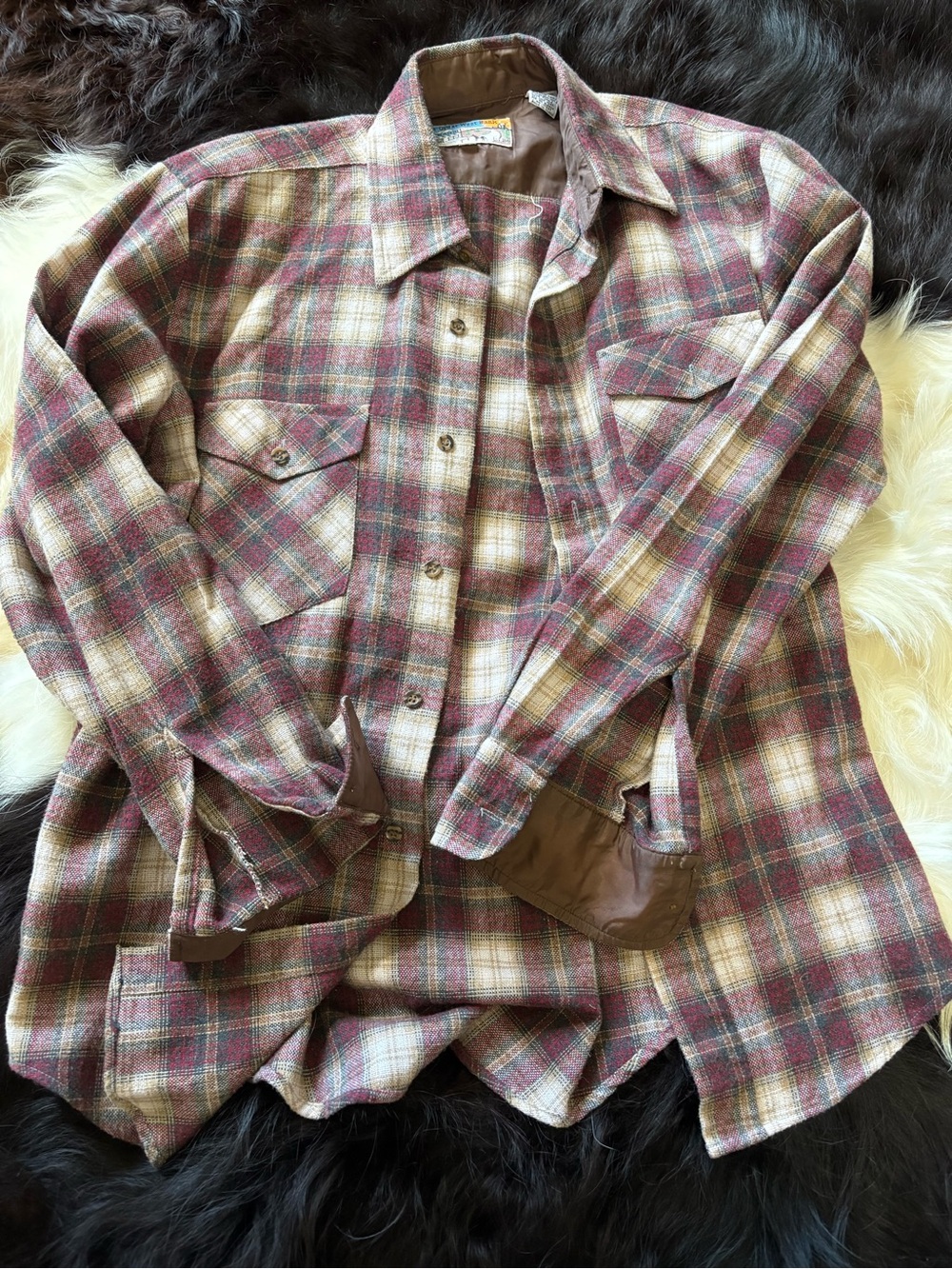 Plaid Button-Down Shirt Jacket in Burgundy and Tan